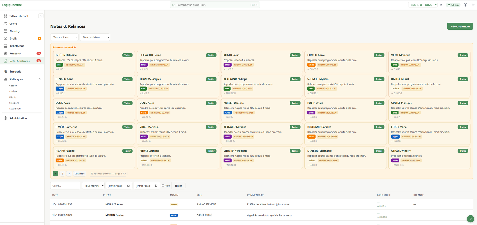 Module de relances et alertes clientes du logiciel Logipuncture